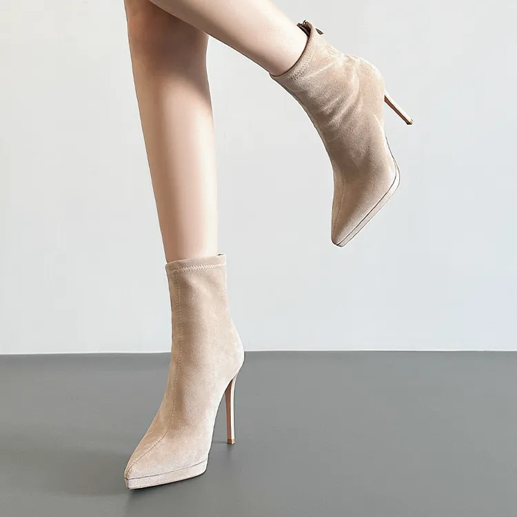 法式气质防水台高跟瘦瘦靴2025爆款洋气年轻款细跟短靴绒面弹力靴