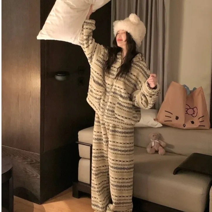 秋冬费尔岛风加厚热力绒睡衣拉链连帽暖气房保暖长袖套装3085