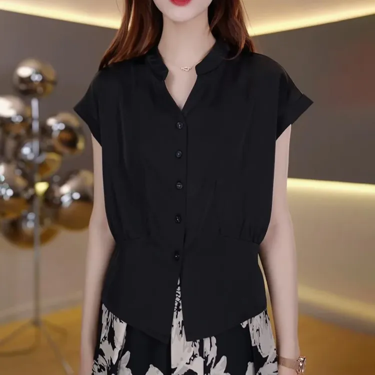 原创【墨韵晕染】宽松百搭经典优雅设计短袖时尚气质百搭V领上衣