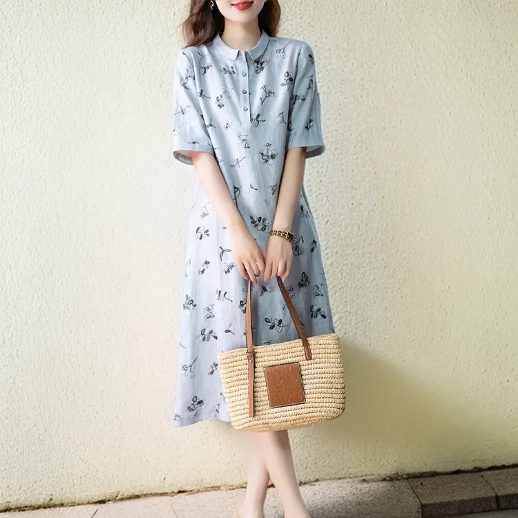 出口韩国亚麻连衣裙女士衬衫裙2025夏季韩版印花文艺气质中长款裙