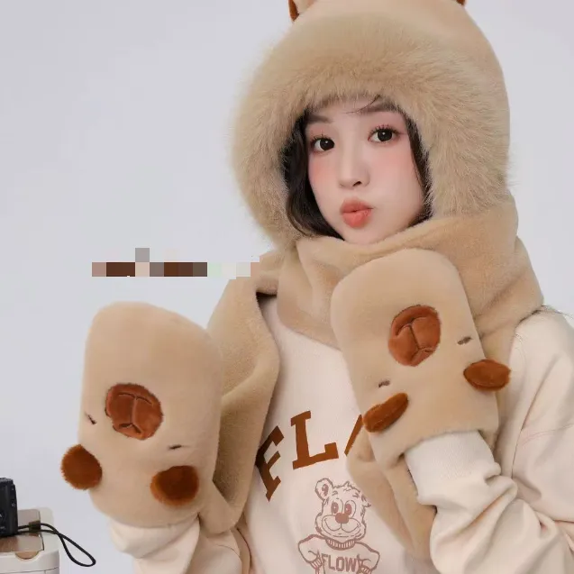 三件套保暖帽韩版网红时尚套装防寒百搭护耳连帽冬天