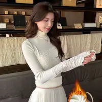 设计感半高领蕾丝拼接纽扣【加绒锁温】气质显瘦百搭不挑人打底上衣