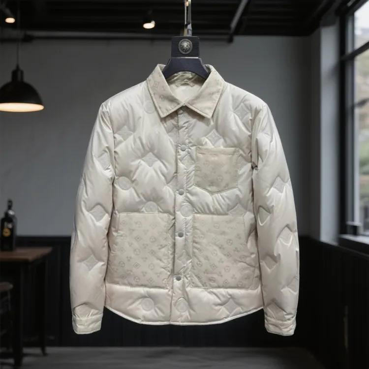 欧货新款冬季男士衬衫领时尚压花休闲棉服修身外套潮流棉衣外套男