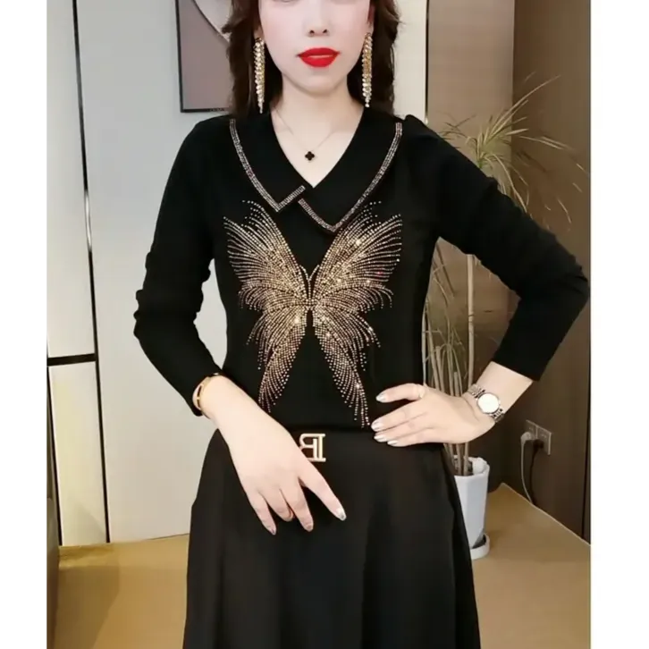 秋季洋气遮肚气质烫钻翻领长袖显瘦小衫