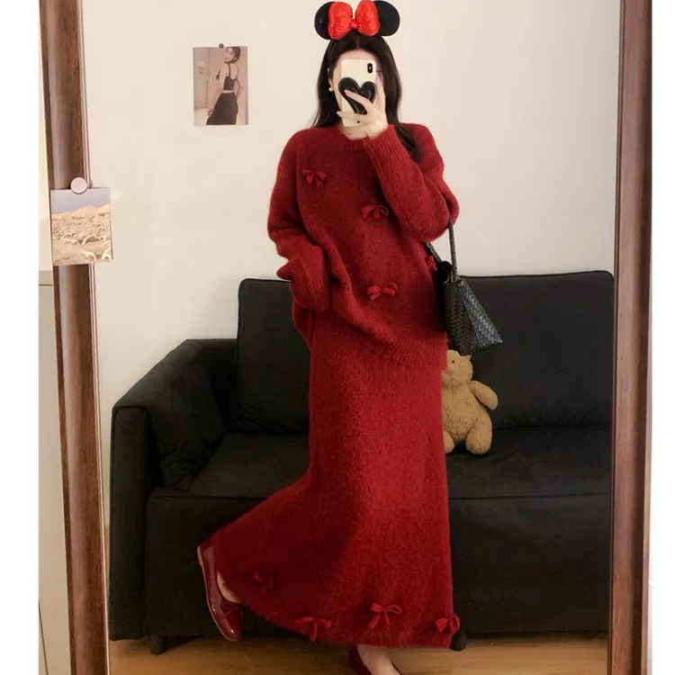法式温柔风蝴蝶结毛衣女半身裙两件套女秋冬宽松高级感套装显瘦