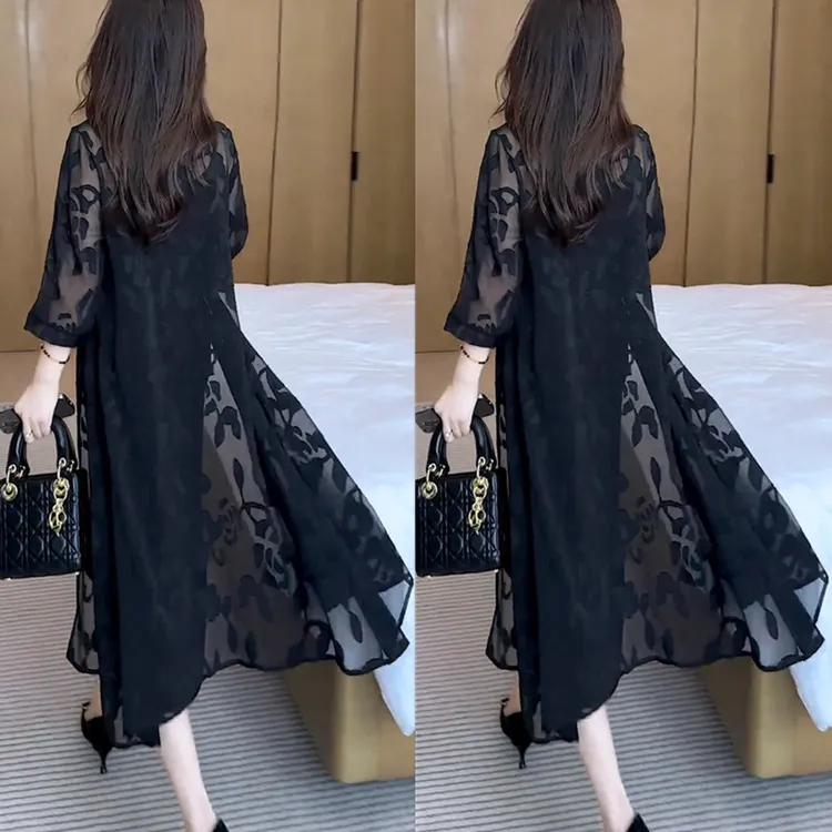 2025春夏新款时尚气质薄款外搭开衫显瘦七分袖翻领衬衫防晒外披女