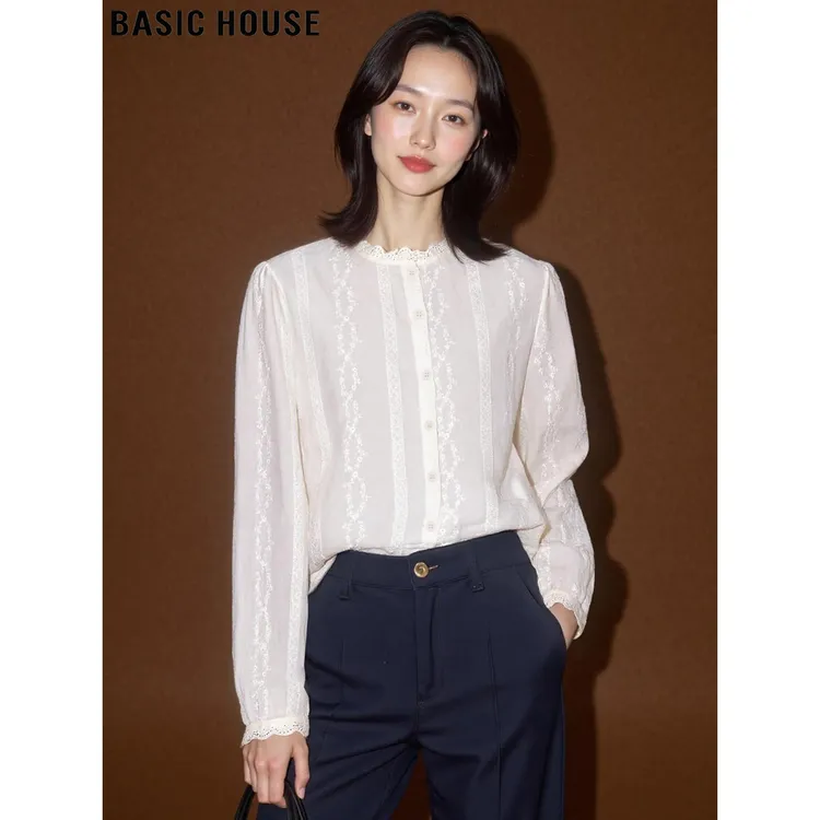 Basic House/百家好法式蕾丝立领长袖衬衫女2025冬季打底叠穿衬衣