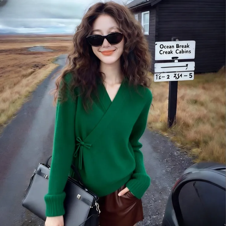 爆款新中式绿色针织衫斜襟绑带毛衣可外穿内搭绝美巨好看的打底衫