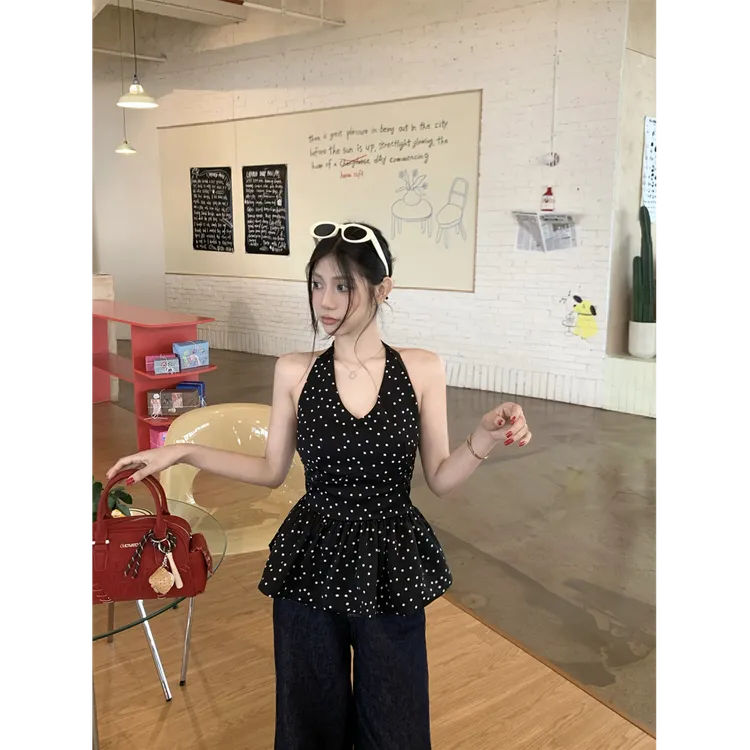 202夏季新款黑色波点v领挂脖背心女夏季花苞收腰上衣（带内衬）