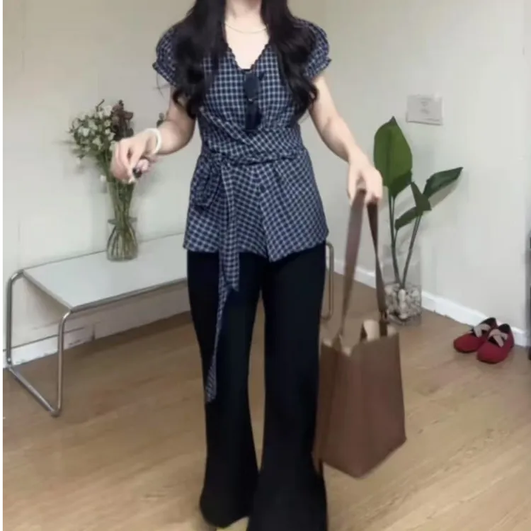 2025夏季系带格子短袖衬衣女设计感交叉显瘦百搭格纹衬衫上衣