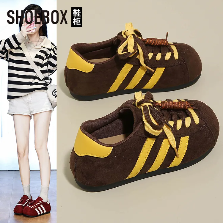 SHOEBOX复古丑萌贝壳头泡芙鞋2025秋爆款拼色德训鞋面包鞋