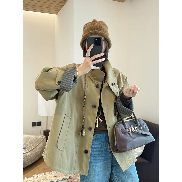 【唐悠悠mgdm】工装风衣砂洗卡其绿宽松百搭美式复古夹克外套女秋款