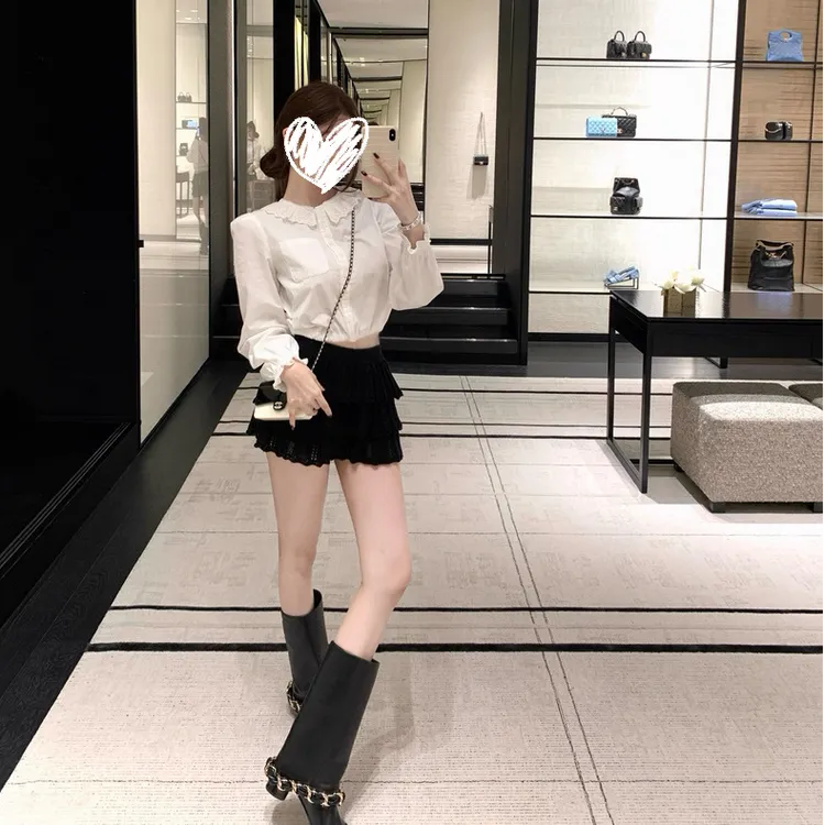 FCYSTUIDOHZJ法式蕾丝荷叶边白色衬衫女早秋针织半裙套装