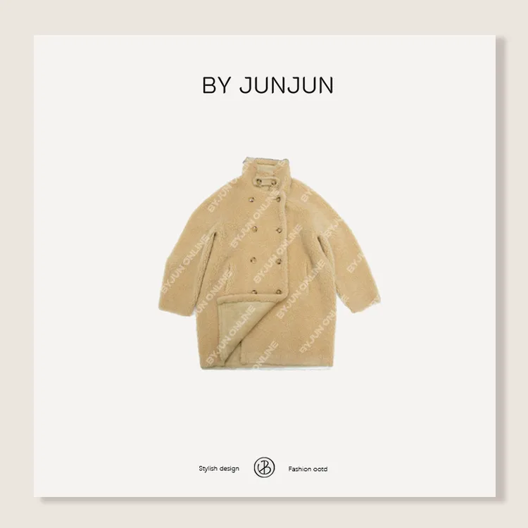 ByJunjun海绵宝宝冬季新复古保暖双排扣颗粒大美丽羊毛两面穿大衣