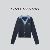 LING/STUDIO『悦动徽章』秋冬学院风时尚减龄假两件毛衣开衫5092007
