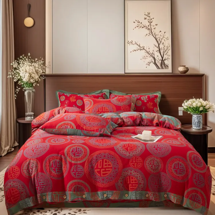 良品绘【福星高照双层纱四件套】婚庆陪嫁全棉色织提花床品国风亲肤