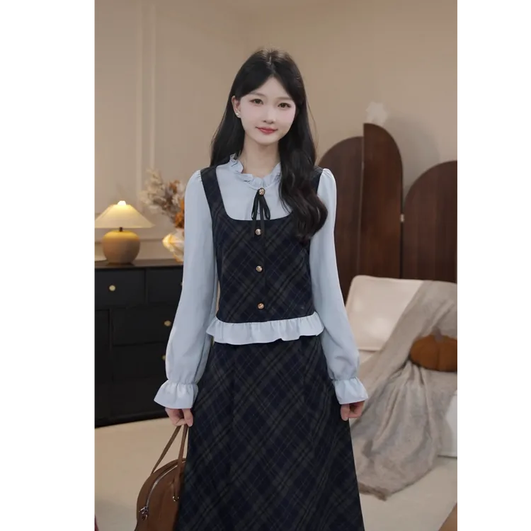 鹿向南「伦艺预科生」韩系学院风设计感女秋季假两件上衣半裙套装
