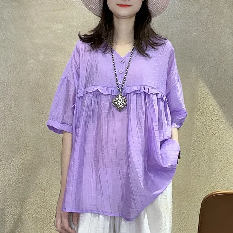 0325时尚百搭减龄显瘦纯色宽松短袖衬衫上衣V领中青年大码女装MM