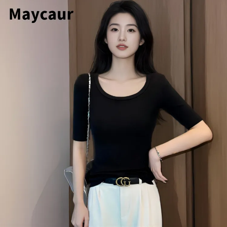 Maycaur圆领中袖t恤女2025春夏黑色半袖打底衫内搭五分袖时尚上衣