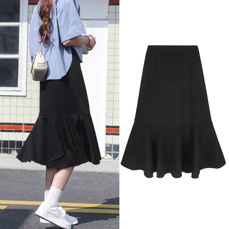 黑色鱼尾裙半身裙女设计感小众秋季中长款高腰宽松显瘦百搭a字裙