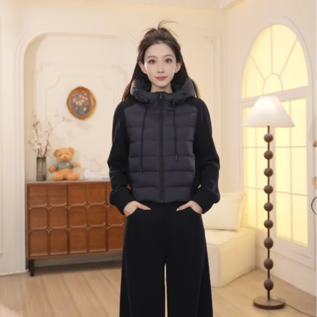 Basic House/百家好2025秋冬新款羽绒连帽拼接外套休闲长裤DDE91