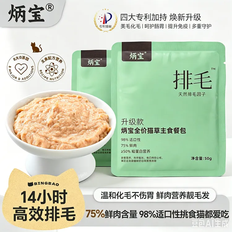 炳宝【全新升级】猫咪化毛美毛全价主食餐包宠物湿粮补水试吃装排毛商品图