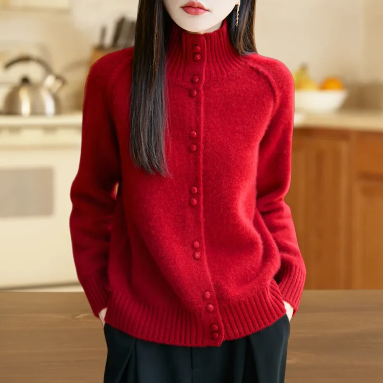 重磅加厚100纯羊毛针织开衫女秋冬新款立领长袖高级感毛衣外套