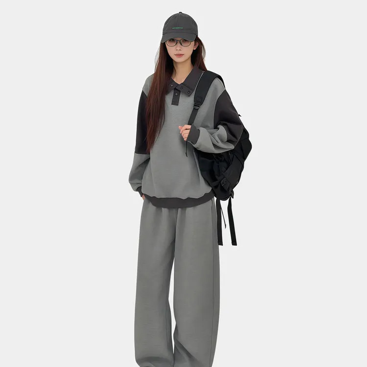 美式撞色开衫卫衣男女同款套头宽松休闲外套百搭直筒阔腿舒适长裤