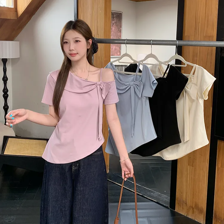 夏装新款胖mm大码女时尚设计感露肩蝴蝶结别致短袖T恤