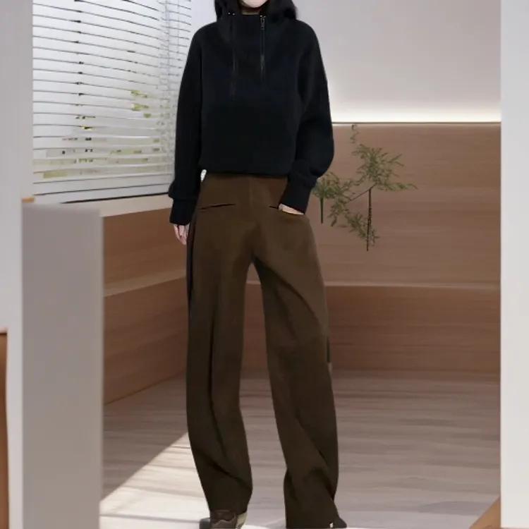 春秋冬季新款黑色女连帽卫衣设计感百搭上衣咖色裤子时尚休闲显瘦