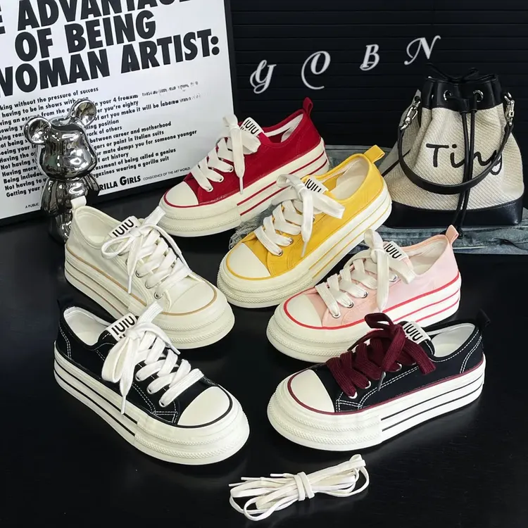 【薄款帆布鞋】2025春款学生休闲百搭低帮增高女系带h1323小白鞋爆