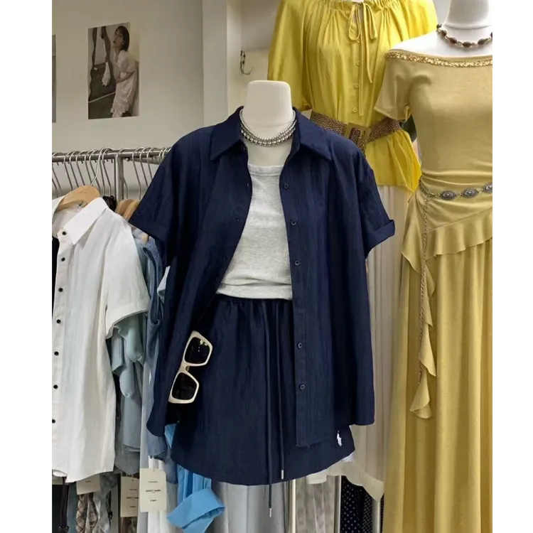 2025夏季新款韩版时尚套装女短袖衬衫上衣高腰显瘦半身短裙两件套