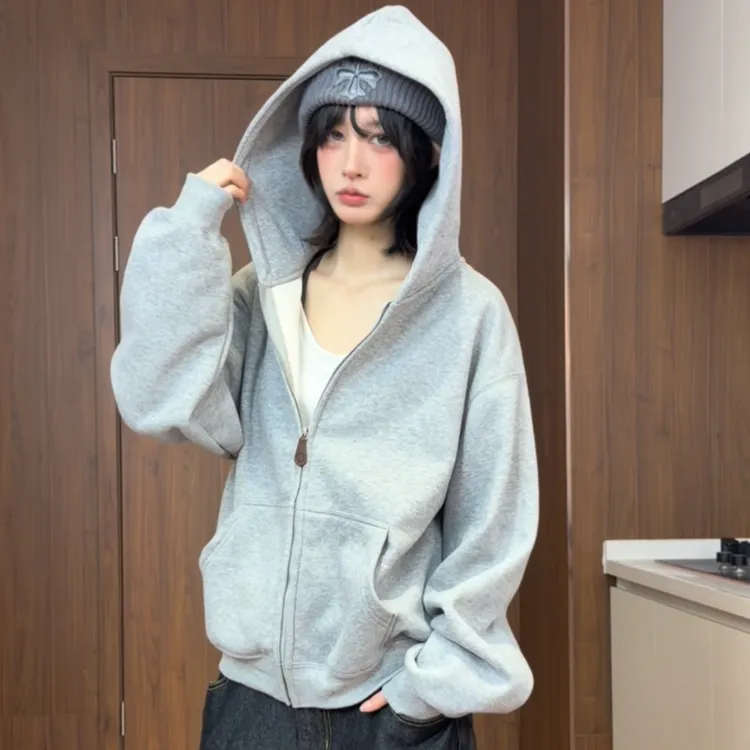 Unusual常规常规款拉链连帽开衫纯色卫衣宽松秋冬灰色加绒