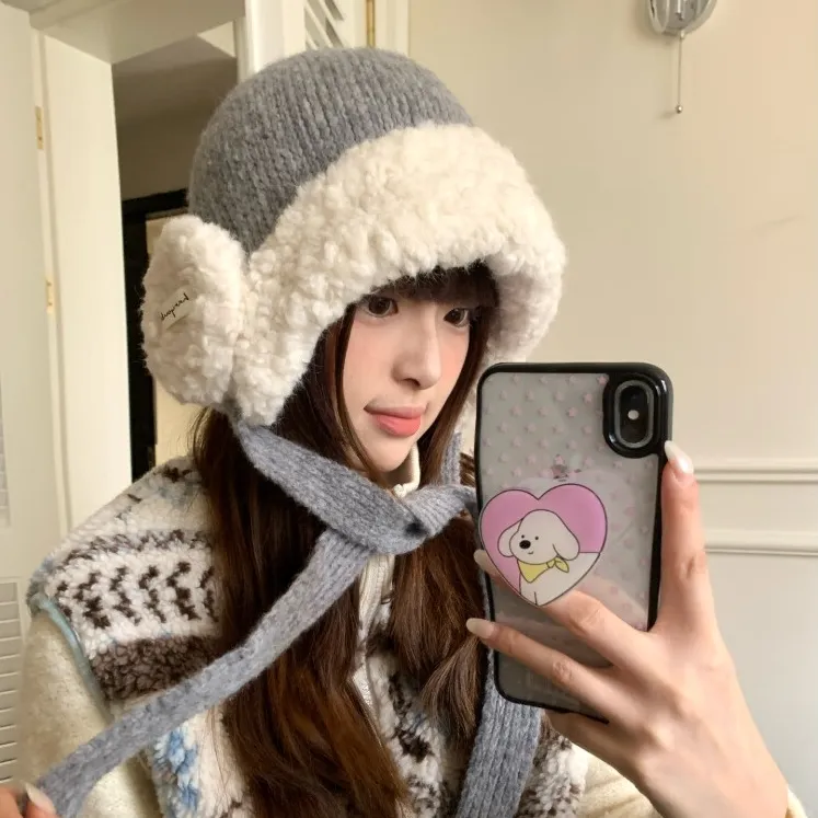 毛绒加厚灰色护耳毛线帽子女款冬季大头围保暖针织帽系带雷锋帽潮