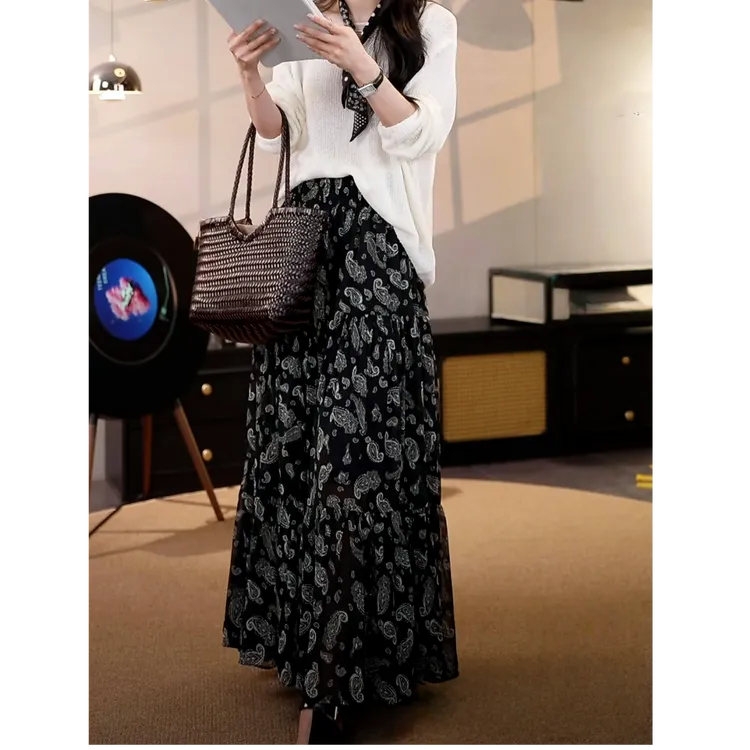 腰果中长款半身裙女2025新款春夏法式气质高腰松紧腰A字碎花裙子