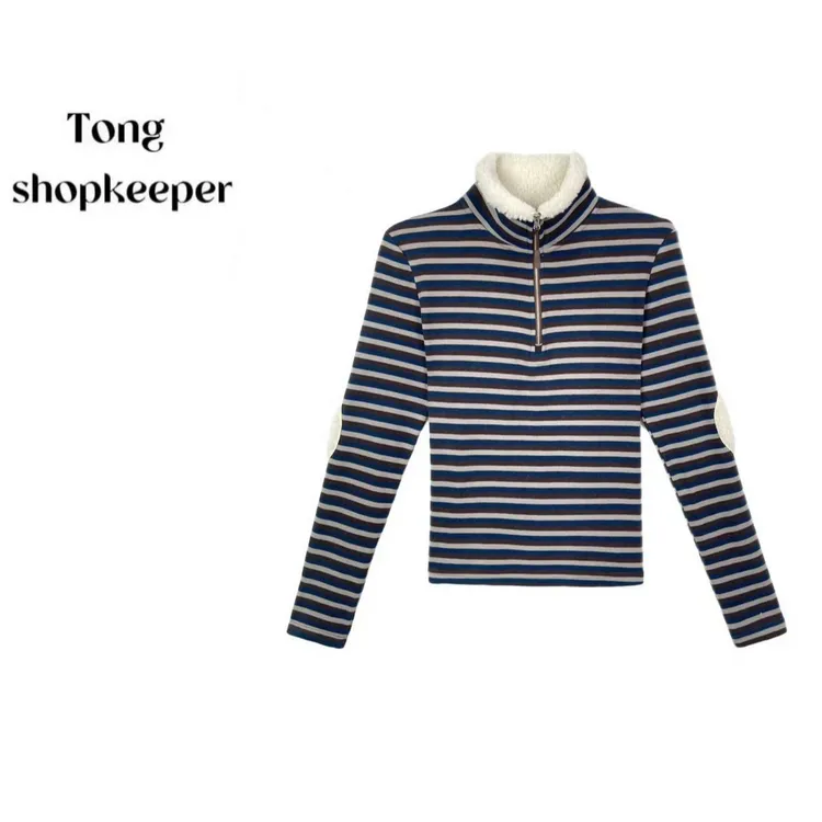 QJ/彤掌柜1683053 冬款25石墨烯保暖发热条纹拼接显瘦时尚上衣