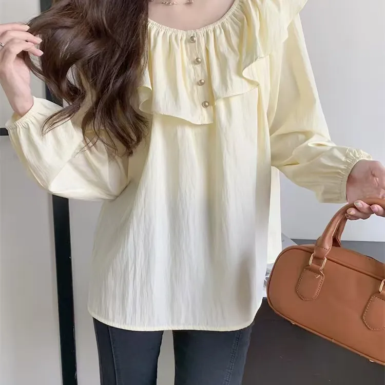 法式荷叶边圆领衬衫女减龄显瘦一字肩小衫上衣