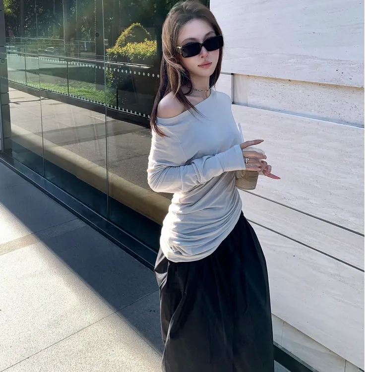 美式辣妹正肩长袖T恤2025夏季设计感修身显瘦休闲长裤裤两件套