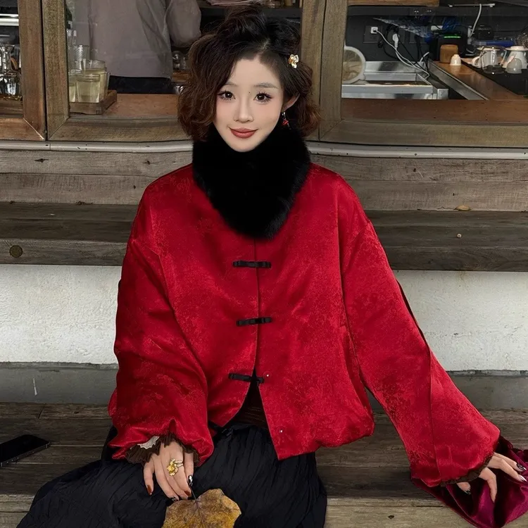 南油高端新中式国风红色喜庆拜年棉服亚麻棉衣复古盘扣包袖外套女