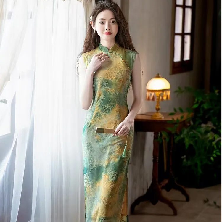 【青未了】2025春款新出炉网纱植绒气质国风改良版双层旗袍 衣长115