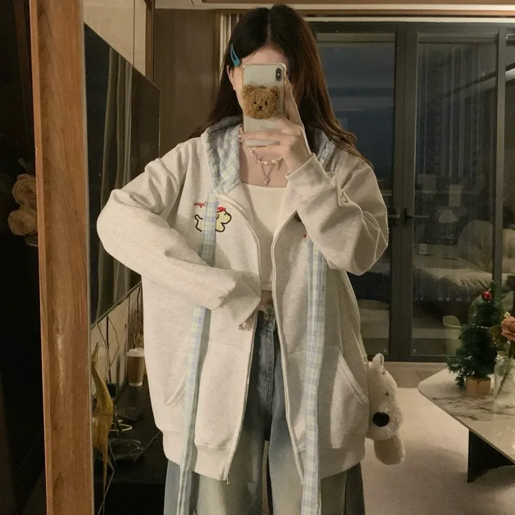 美式童趣连帽卫衣秋装系带连帽外套学生休闲百搭薄款开衫上衣帽衫