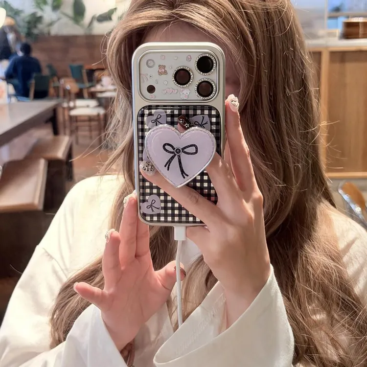 韩系格纹紫爱心蝴蝶结支架适用苹果17promax手机壳iphone16新款15