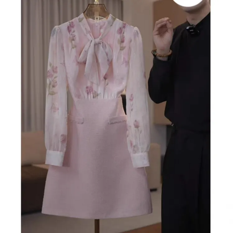 小香风名媛气质衬衫拼接连衣裙女2025春夏新款收腰显瘦短裙高级感