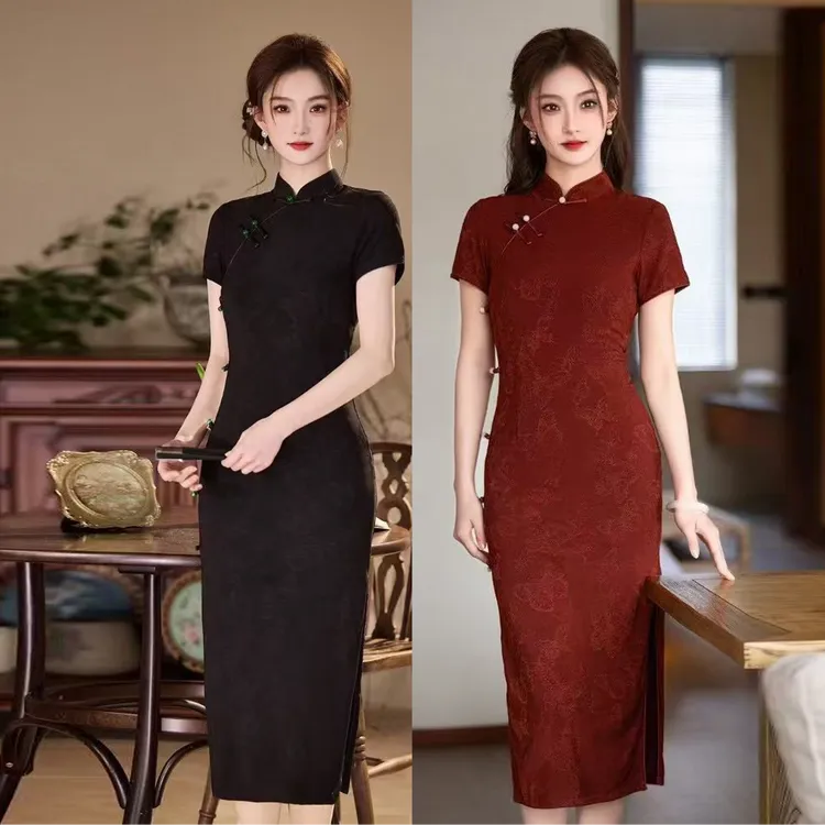 【瑶可】2025春夏少女红色新款短袖弹力超柔新中式旗袍气质显瘦日常