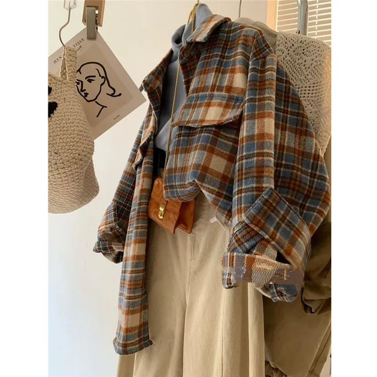 配色超美~撞色格纹衬衫女时髦洋气复古内搭叠穿翻领衬衣上衣气质