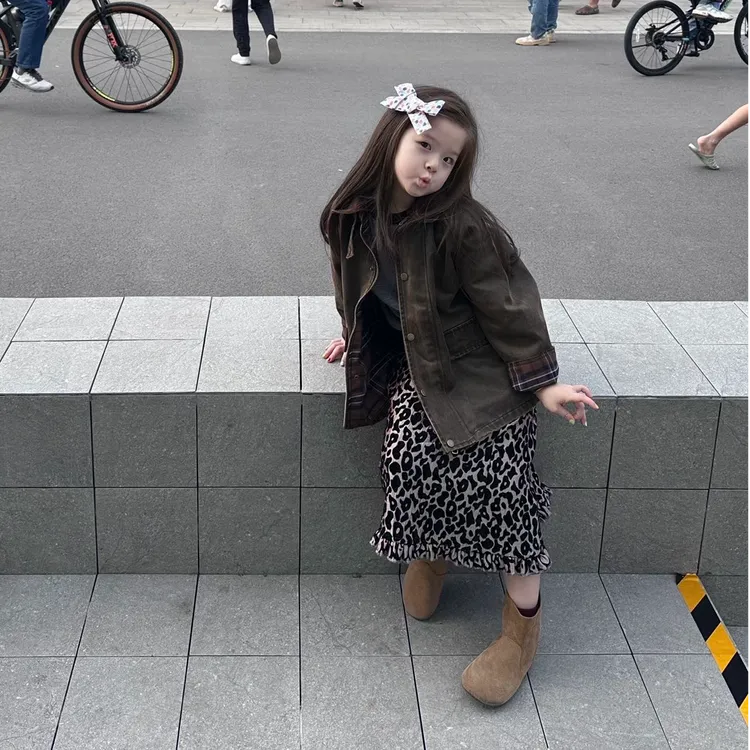 壹妈童装女童时尚复古美拉德套装秋季新款洋气做旧夹克豹纹花边裙