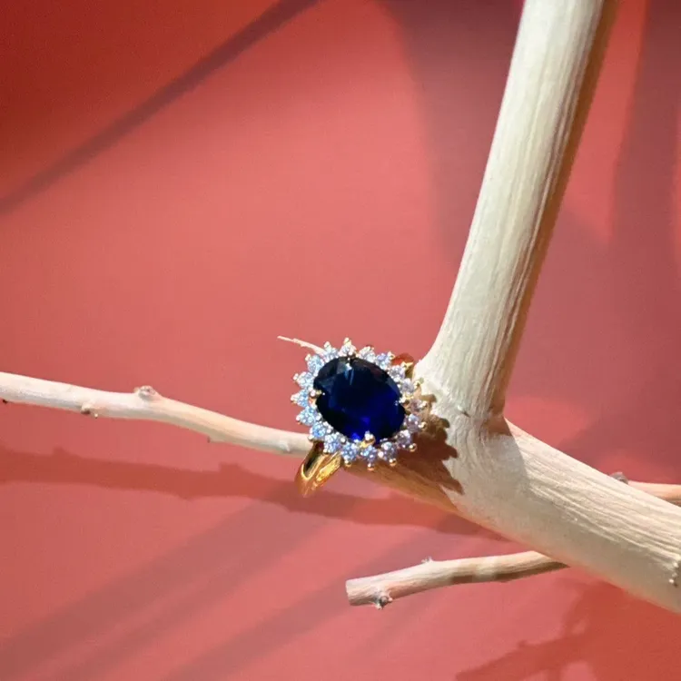 铜合金戒指 HKHL皇家蓝色宝石戒指女士轻奢高档小众气质名媛饰品