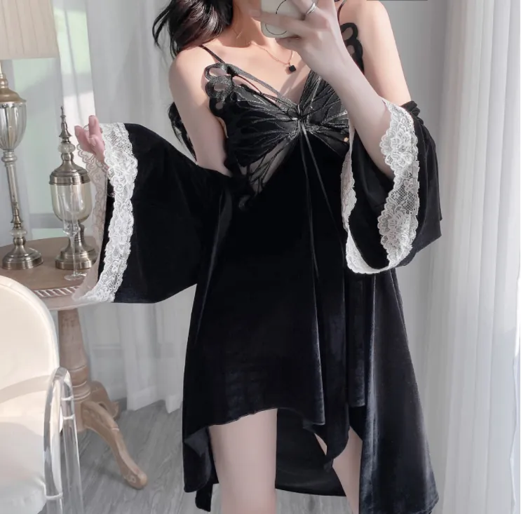 法式高级质感丝绒睡衣女士性感新款纯欲显瘦吊带睡裙睡袍