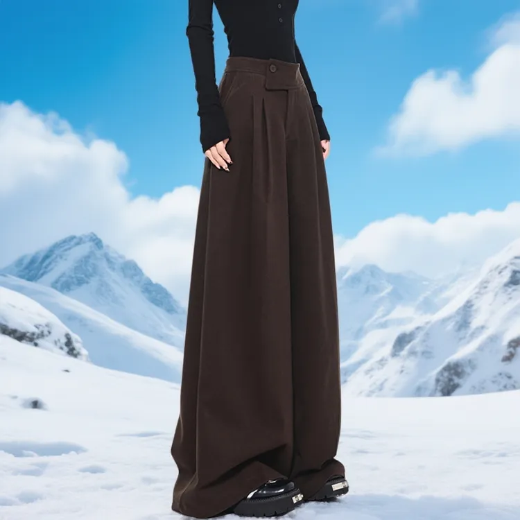 加厚毛呢西装裤女高个子180加长新款咖色美拉德风斜扣设计阔腿裤