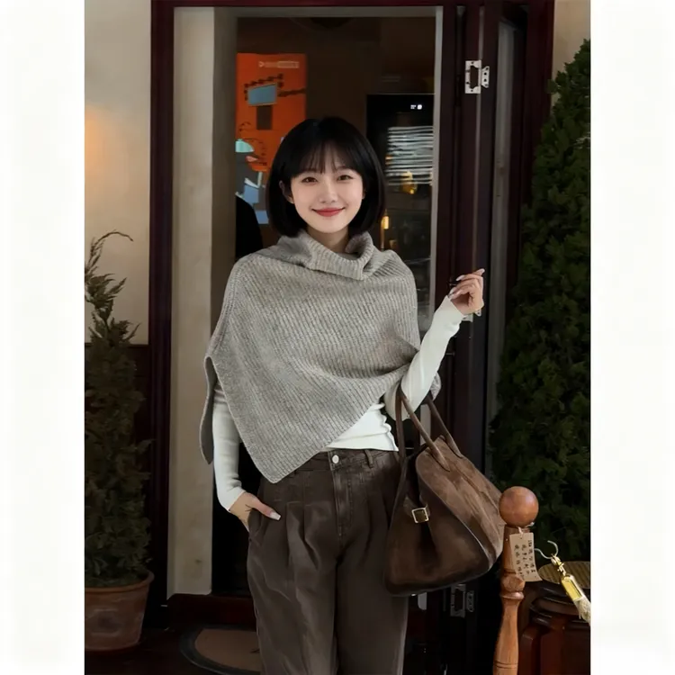 深灰色高领针织围巾女冬季叠穿开叉套头脖套格雷系披肩斗篷围脖厚